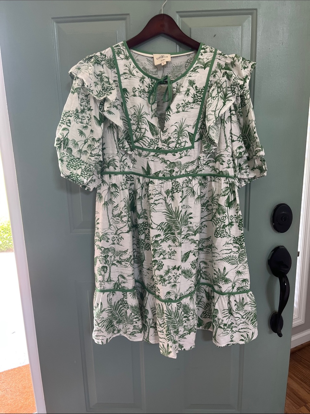 Umgee White Dress with Green Toile Print and Ruffle Details
